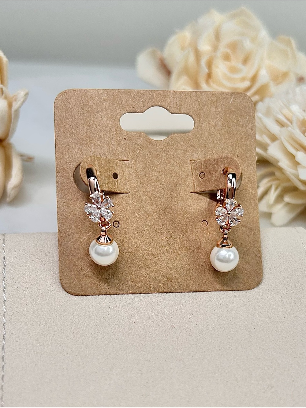 Women’s Rose Gold Pearl Drop Earrings with Clear Crystals